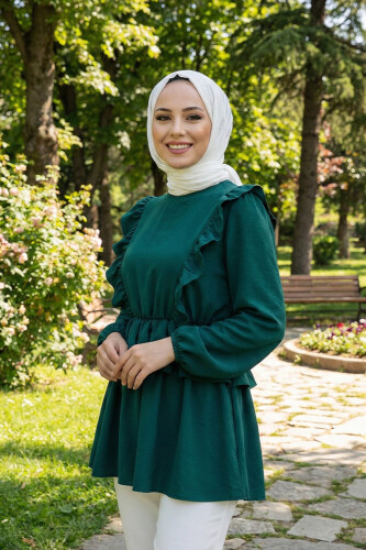 Frill Detail Elastic Waist Tiered Blouse 5207 Emerald