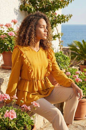 Fırfır Detay Bel Lastikli Kat Görünümlü Bluz 5207 Hardal - 2