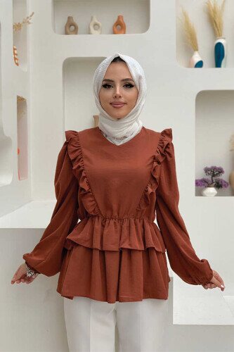 Fırfır Detay Bel Lastikli Kat Görünümlü Bluz 5207 Kahverengi - bym fashion