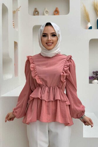 Fırfır Detay Bel Lastikli Kat Görünümlü Bluz 5207 Pudra - bym fashion