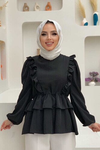 Fırfır Detay Bel Lastikli Kat Görünümlü Bluz 5207 Siyah 