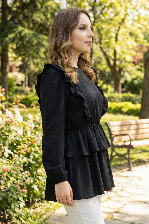 Fırfır Detay Bel Lastikli Kat Görünümlü Bluz 5207 Siyah - 2
