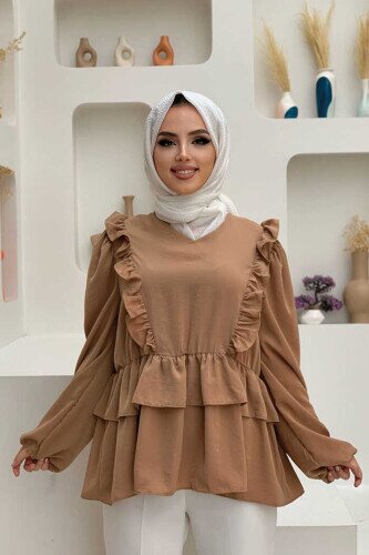 Fırfır Detay Bel Lastikli Kat Görünümlü Bluz 5207 Taba - bym fashion
