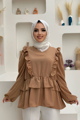 Fırfır Detay Bel Lastikli Kat Görünümlü Bluz 5207 Taba - 2