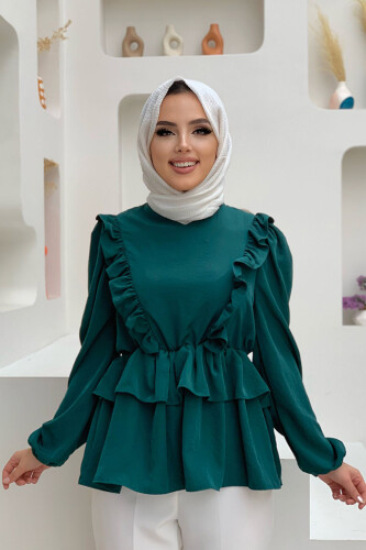 Fırfır Detay Bel Lastikli Kat Görünümlü Bluz 5207 Zümrüt - 2