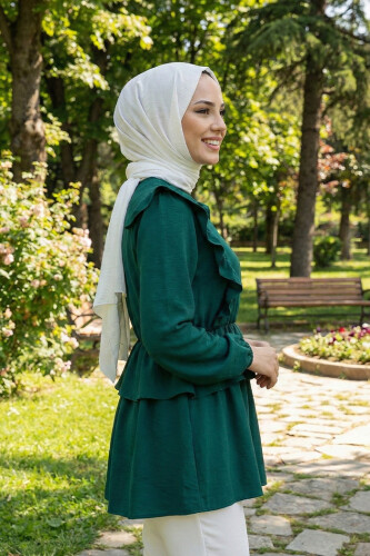 Fırfır Detay Bel Lastikli Kat Görünümlü Bluz 5207 Zümrüt - 2