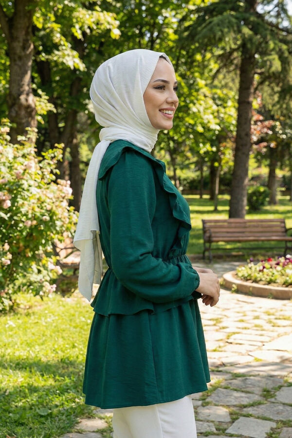 Fırfır Detay Bel Lastikli Kat Görünümlü Bluz 5207 Zümrüt - 2