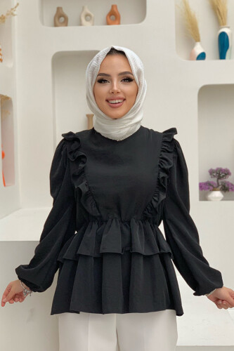 Frill Detail Elastic Waist Tiered Blouse 5207 Black - 2