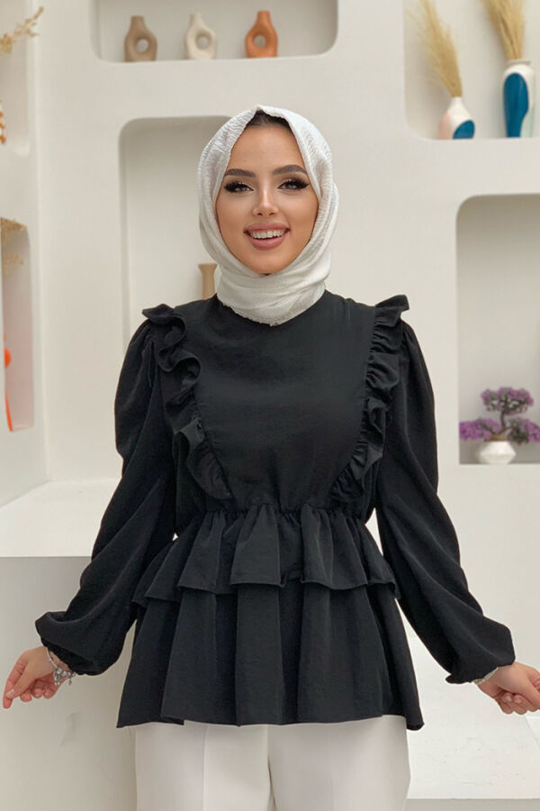 Frill Detail Elastic Waist Tiered Blouse 5207 Black - 2