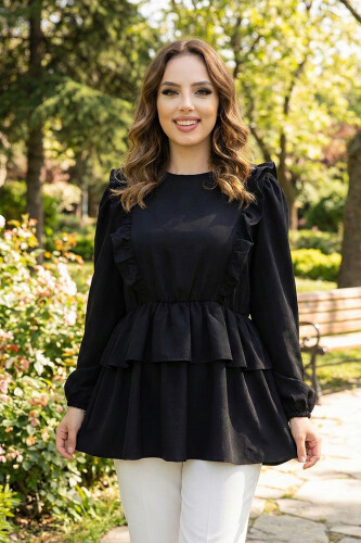 Frill Detail Elastic Waist Tiered Blouse 5207 Black 
