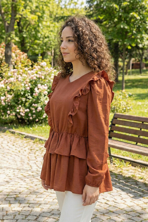 Frill Detail Elastic Waist Tiered Blouse 5207 Brown - 2