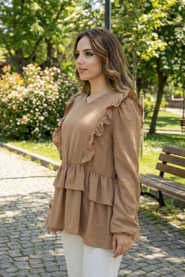 Frill Detail Elastic Waist Tiered Blouse 5207 Tan - 1
