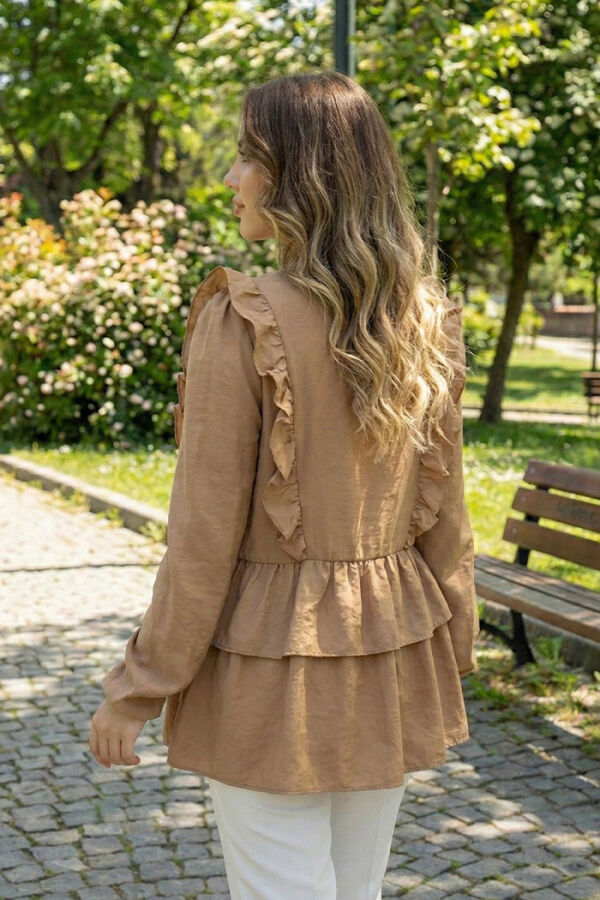 Frill Detail Elastic Waist Tiered Blouse 5207 Tan - 2