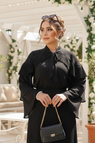 Ruffle Shoulder Collar Tie Collar Layered Sleeve Detail Blouse 5263 Black - 2