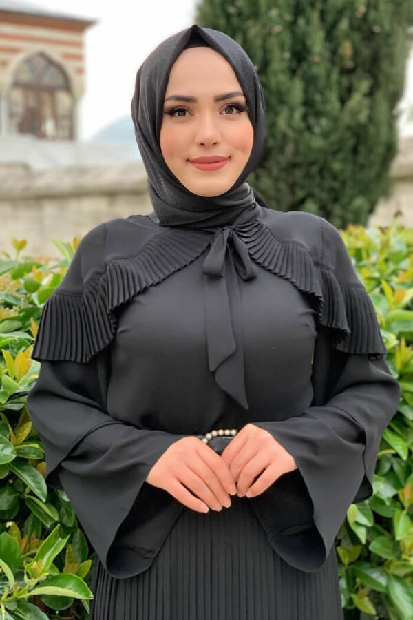 Ruffle Shoulder Collar Tie Collar Многослойная блузка с рукавами 5263 Black - 2