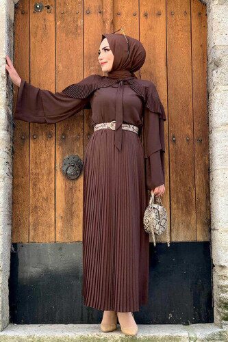 Shoulder Frill Look Collar Tied Collared Sleeve Detail Blouse 5263 Brown - 3