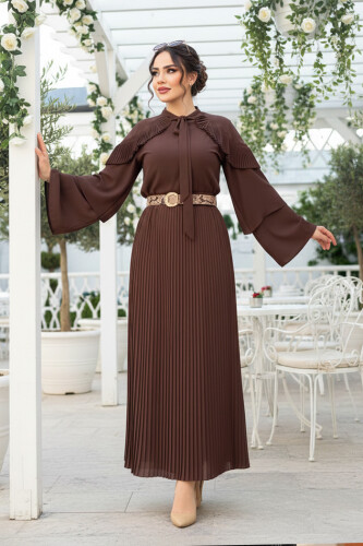 Shoulder Frill Look Collar Tied Collared Sleeve Detail Blouse 5263 Brown 