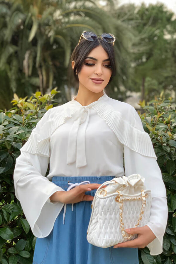 Ruffle Shoulder Collar Tie Collar Многослойная блуза с рукавами 5263 Экрю - 2