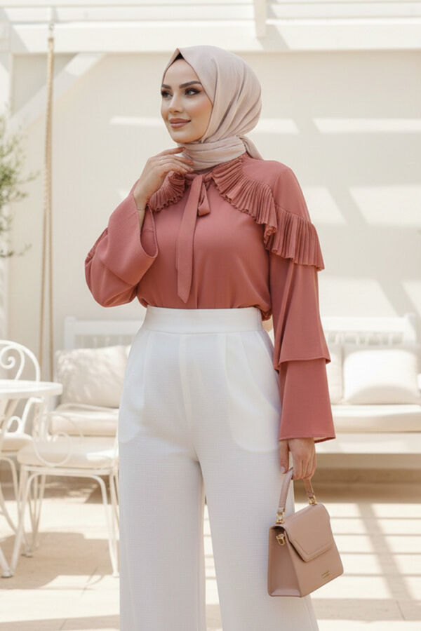 Schulterrüschen-Look, Kragen, gebunden, Kragen, Ärmeldetail, Bluse 5263, getrocknete Rose - 1