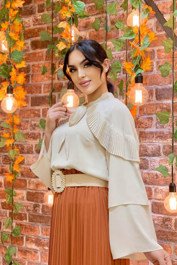 Shoulder Frill Look Collar Tied Collared Sleeve Detail Blouse 5263 Stone - 2