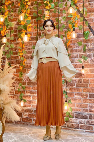 Shoulder Frill Look Collar Tied Collared Sleeve Detail Blouse 5263 Stone - 6