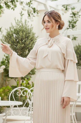Shoulder Frill Look Collar Tied Collared Sleeve Detail Blouse 5263 Stone - 2