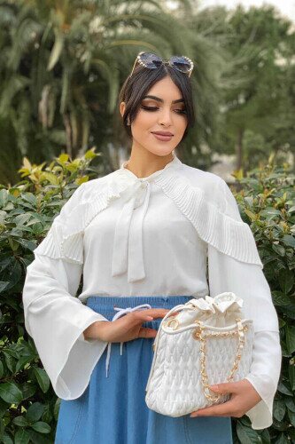 Omuz Fırfır Görünümlü Yaka Bağlamalı Katlı Kol Detay Bluz 5263 Ekru - bym fashion