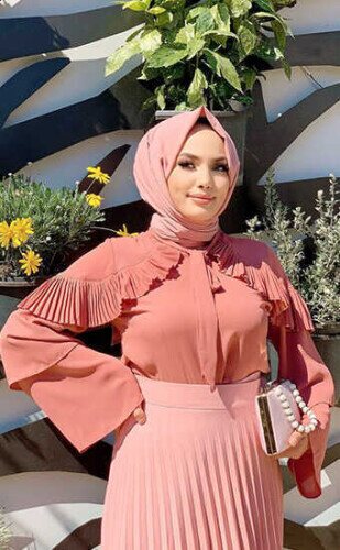 Omuz Fırfır Görünümlü Yaka Bağlamalı Katlı Kol Detay Bluz 5263 Gül Kurusu - bym fashion