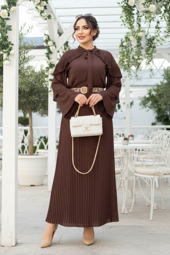 Omuz Fırfır Görünümlü Yaka Bağlamalı Katlı Kol Detay Bluz 5263 Kahverengi - 2