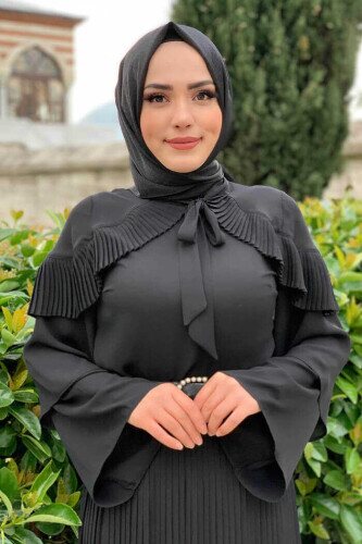 Omuz Fırfır Görünümlü Yaka Bağlamalı Katlı Kol Detay Bluz 5263 Siyah - bym fashion