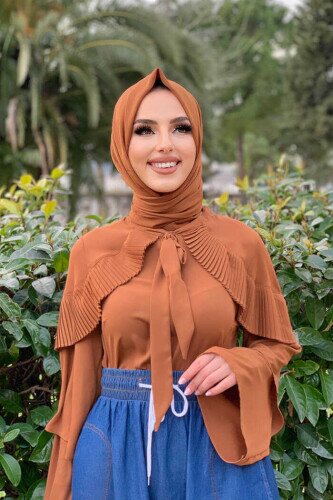 Omuz Fırfır Görünümlü Yaka Bağlamalı Katlı Kol Detay Bluz 5263 Taba - bym fashion