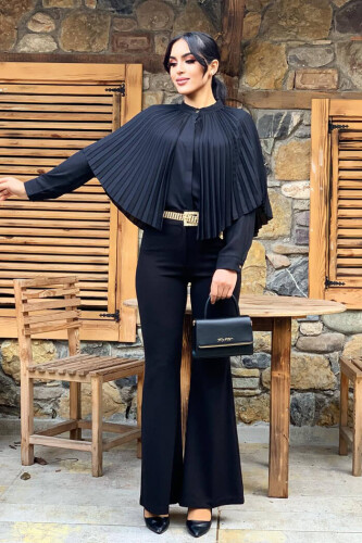 Plisse Cape Look Button Front Blouse 5264 Black