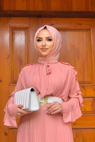 Kol Fırfırlı Ön Piliseli Yaka Kravat Detay 5294 Pudra - bym fashion
