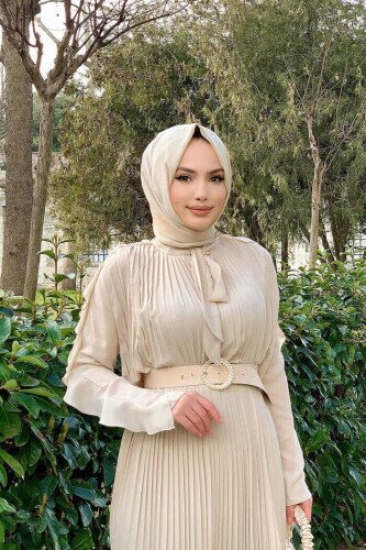 Kol Fırfırlı Ön Piliseli Yaka Kravat Detay 5294 Taş - bym fashion