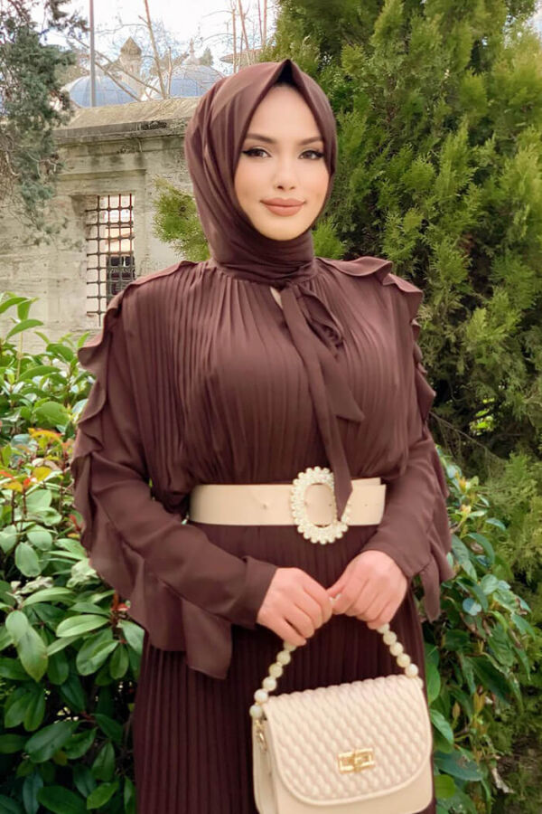 بلوزة بياقة مطوية أمامية بأكمام مكشكشة 5294 بني - 2
