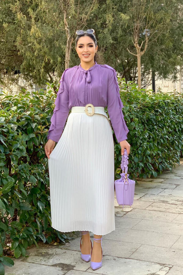 Ruffled Sleeve Front Pleated Collar Tie Detail Blouse 5294 Lilac - 4