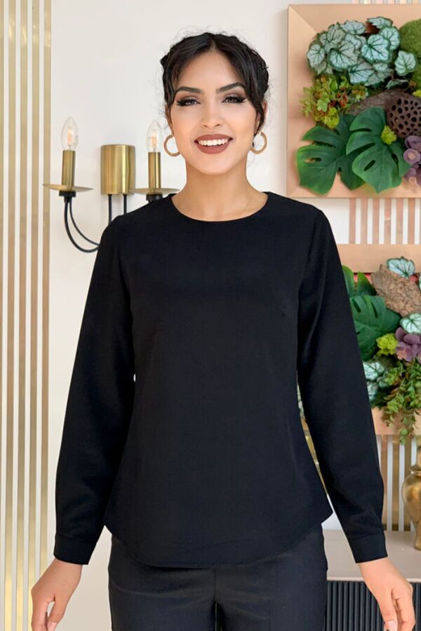 Straight Crew Neck Cuff Button Detail Short Underwear Blouse 5298 Black - 2