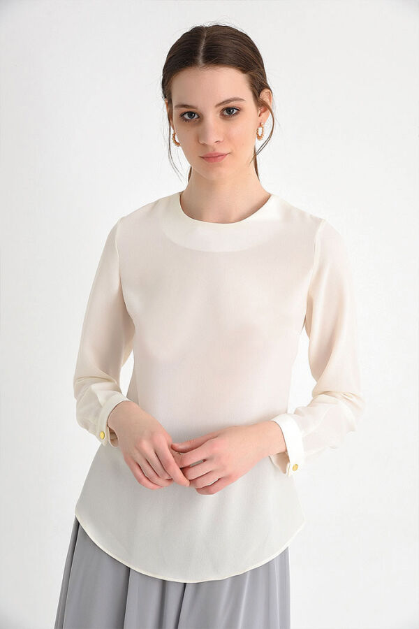 Straight Crew Neck Cuff Button Detail Short Underwear Blouse 5298 Ecru - 5