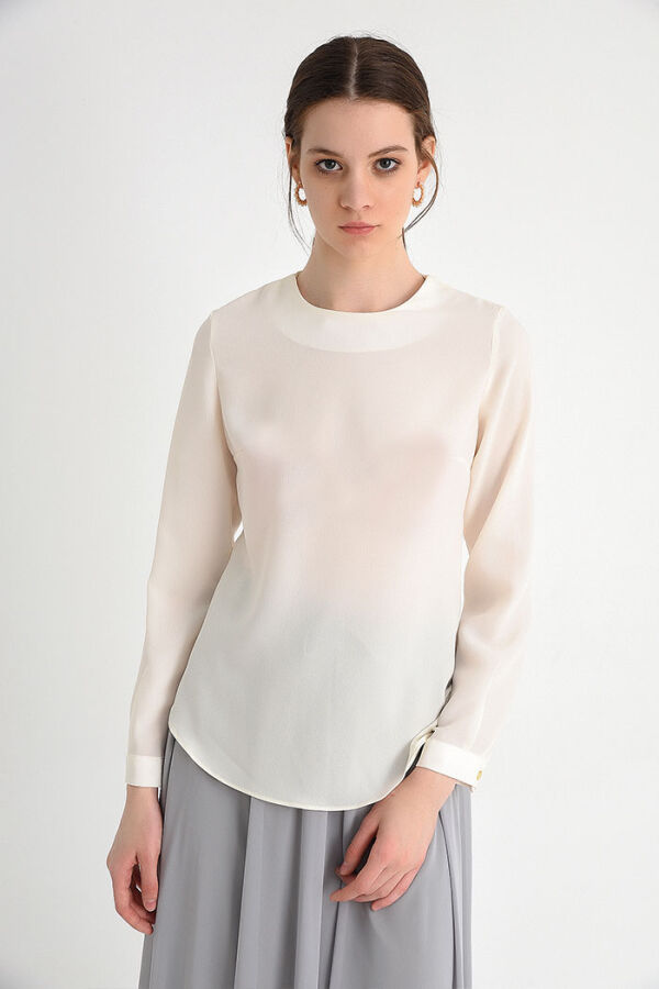 Straight Crew Neck Cuff Button Detail Short Underwear Blouse 5298 Ecru - 6