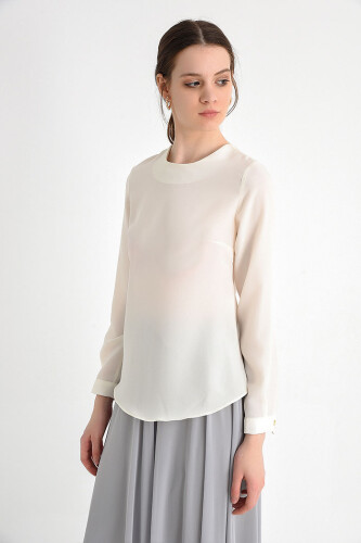 Straight Crew Neck Cuff Button Detail Short Underwear Blouse 5298 Ecru - 7