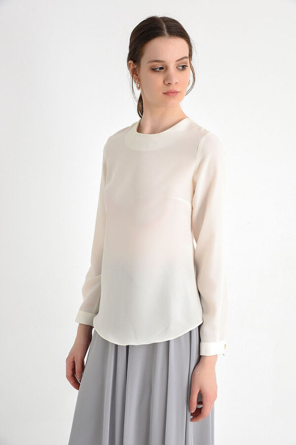 Straight Crew Neck Cuff Button Detail Short Underwear Blouse 5298 Ecru - 7