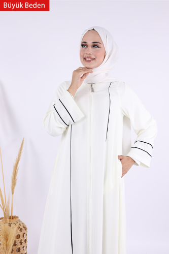 6011-1 Çizgili Fermuarlı Ferace Ekru - 5