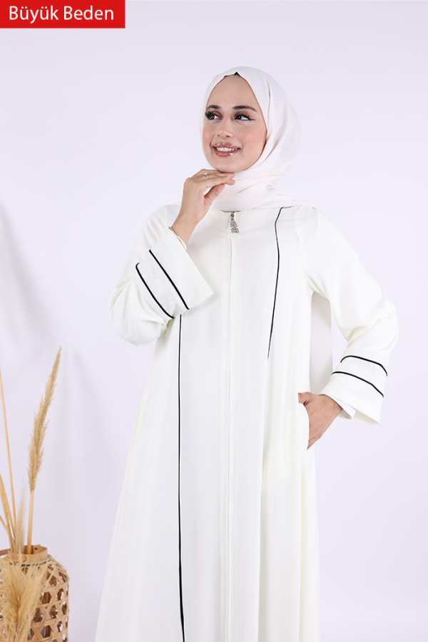 6011-1 Çizgili Fermuarlı Ferace Ekru - 5