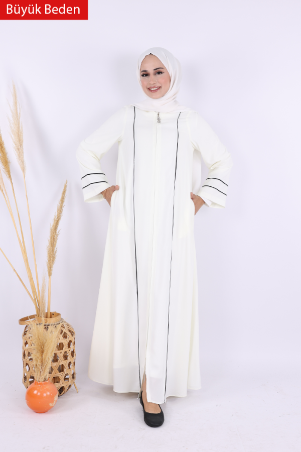 6011-1 Çizgili Fermuarlı Ferace Ekru - 2