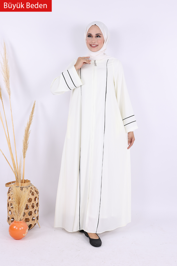6011-1 Çizgili Fermuarlı Ferace Ekru - 3