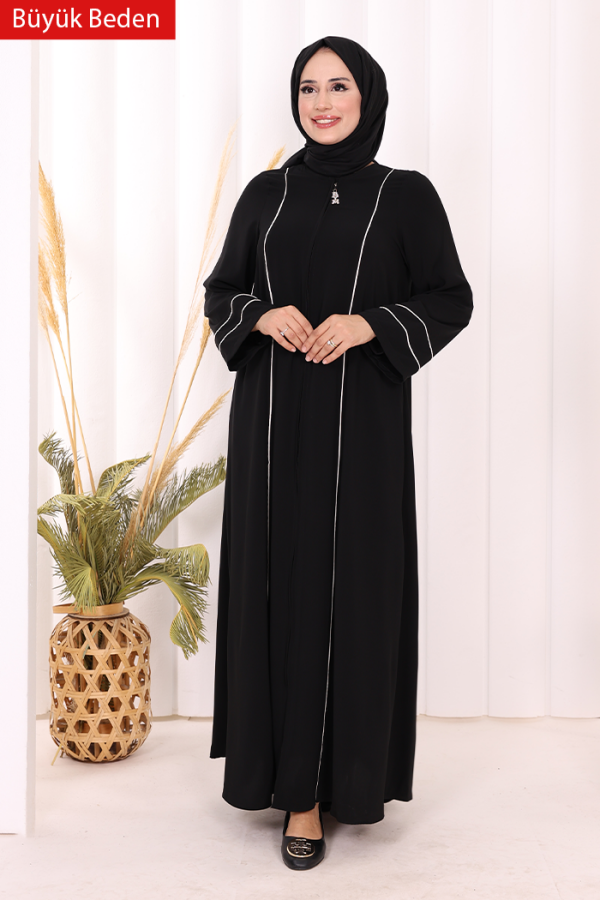 6011-1 Çizgili Fermuarlı Ferace Siyah - 3