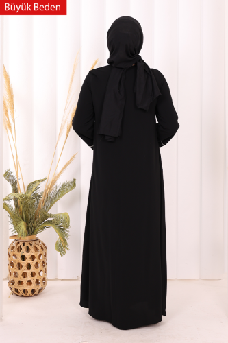 6011-1 Çizgili Fermuarlı Ferace Siyah - 5