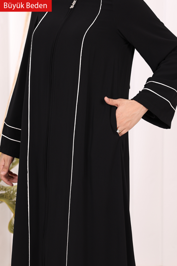 6011-1 Çizgili Fermuarlı Ferace Siyah - 7