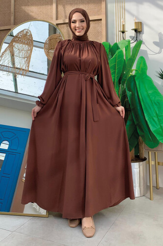 Yaka ve Kol Manşetleri Büzgü Görünümlü Kuşaklı Elbise 6014 Kahverengi - 1