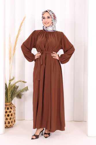 Yaka ve Kol Manşetleri Büzgü Görünümlü Kuşaklı Elbise 6014 Kahverengi - 2